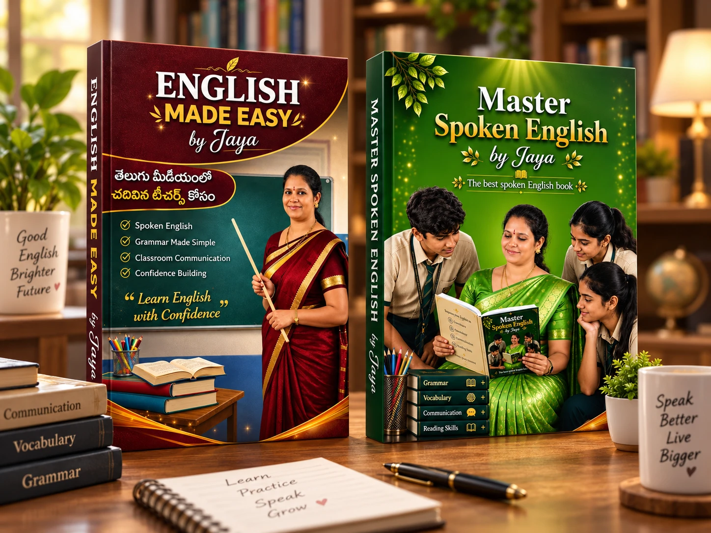 English Learning Combo by Jaya featuring English Made Easy and Master Spoken English covers with teacher and students
