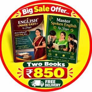Bright promotional badge featuring two Jaya English learning books — English Made Easy and Master Spoken English, price ₹850