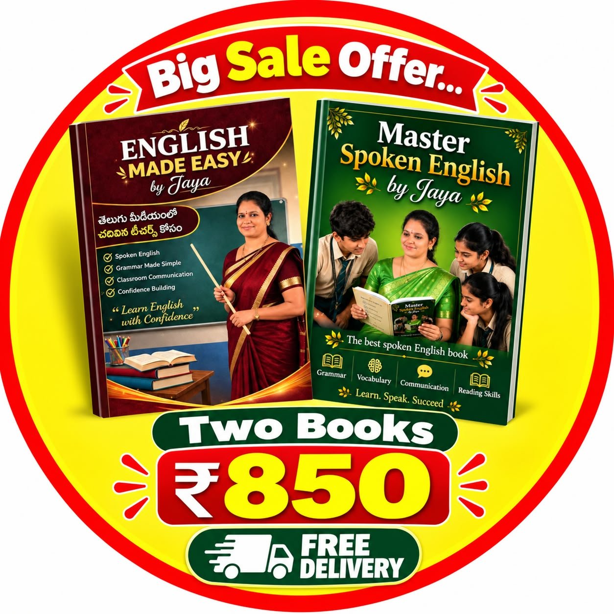 Bright promotional badge featuring two Jaya English learning books — English Made Easy and Master Spoken English, price ₹850