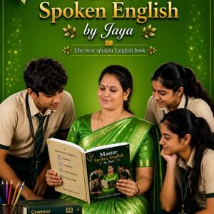 Book cover Master Spoken English by Jaya with teacher in green sari and three students learning grammar and conversation