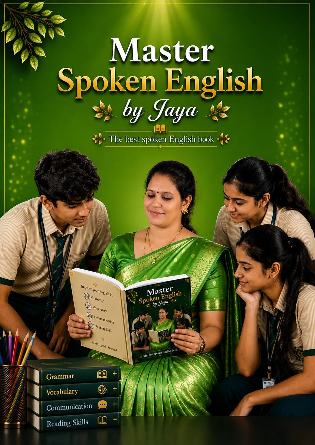 Book cover Master Spoken English by Jaya with teacher in green sari and three students learning grammar and conversation