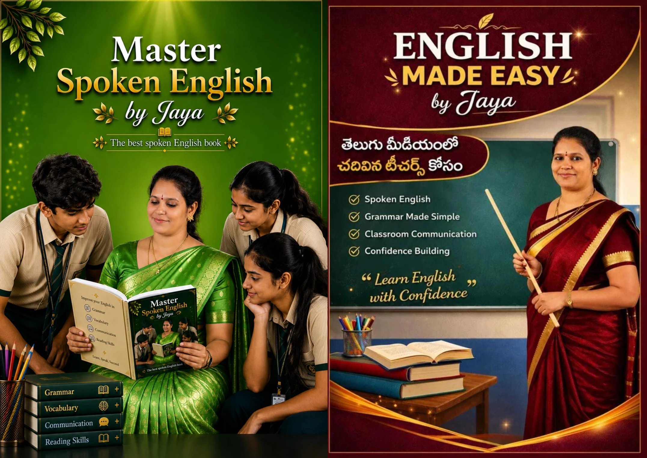 Promotional image of Jaya's English Learning Combo: Master Spoken English and English Made Easy with teacher and students